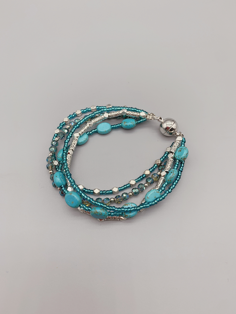 5 Strands Of 7*8mm Oval Turquoise Bracelet With 3*4mm Teal Crystals Antique Silver Beads Magnetic Clasp For Women Girls 7.5 Inch