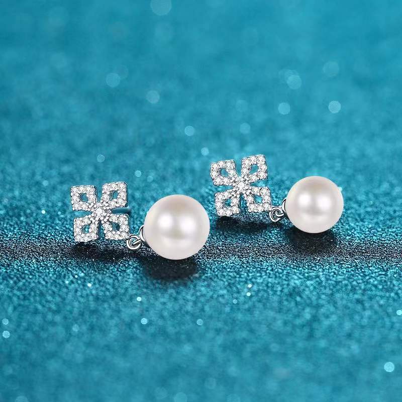 Trendy 925 Sterling Silver 9mm Freshwater Pearl Moissanite Drop Earrings for Women Platinum Plated Dangle Earrings Gift Jewelry