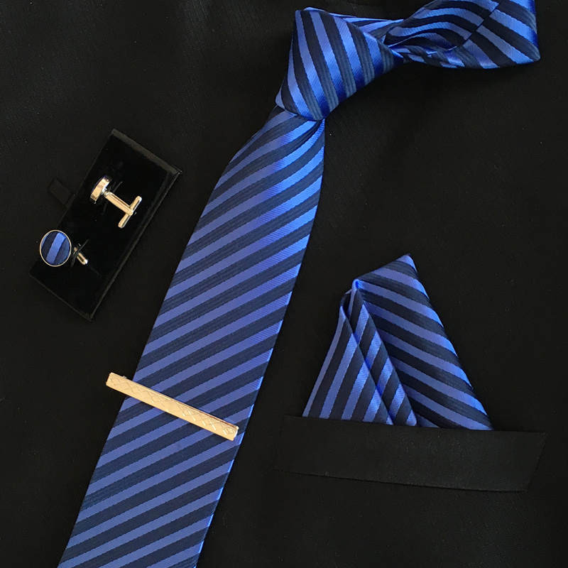 Striped Tie mens silk ties 8 cm necktie and cufflinks & Tie clip + hankies with 4 sets gravatas jacquard Striped Wedding lot
