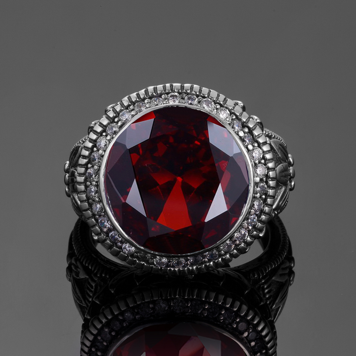 Szjinao Top Quality 15*15mm Massive Round Garnet Rings For Man Birthday Anniversary Party Gift Luxury Trend Silver 925 Jewelry