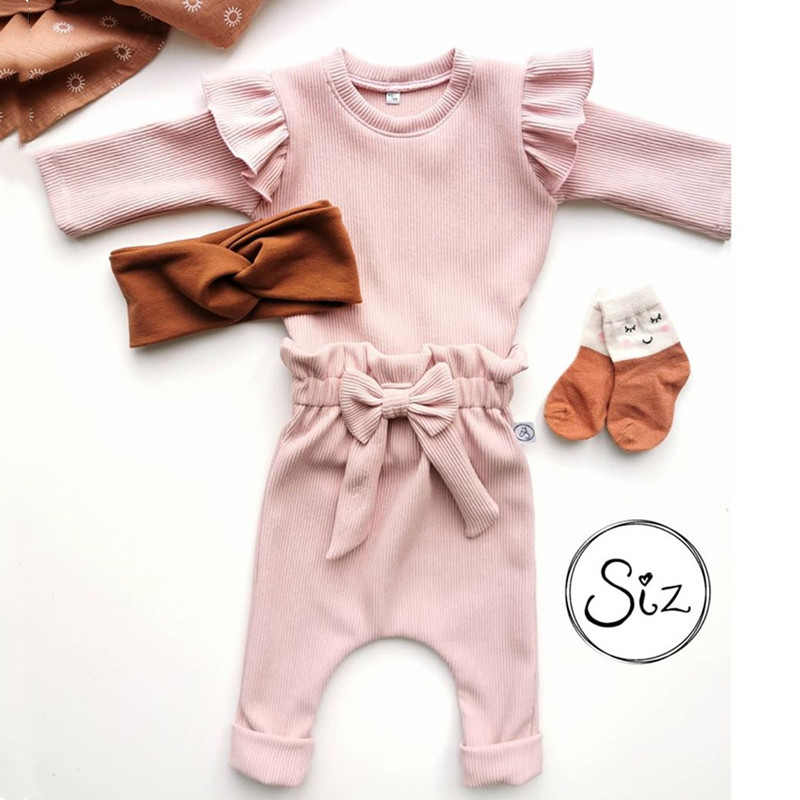 2Pcs New Autumn Winter Baby Girls Clothes Cute Bow Ribbed Solid Long Sleeve Jumpsuit Bodysuit+Pants Toddler Infant Outfits