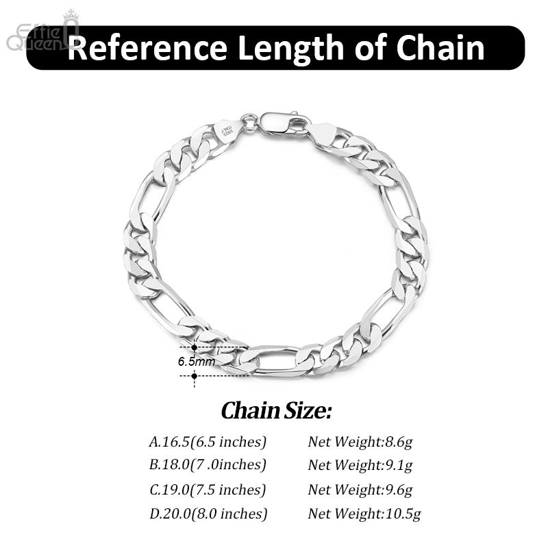 Effie Queen Solid 925 Sterling Silver Italian 6.5mm Diamond-Cut Figaro Link Chain Bracelet for Men Women 6.5" 7" 7.5" 8" SB108