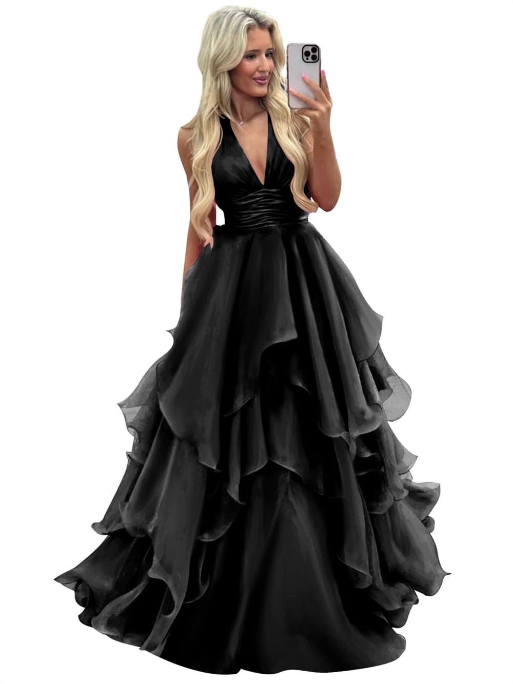 Long Prom Dresses Deep V-Neck Pleats Ball Gown Organza Plus Size Formal Occasion Evening Party Gown Pd20