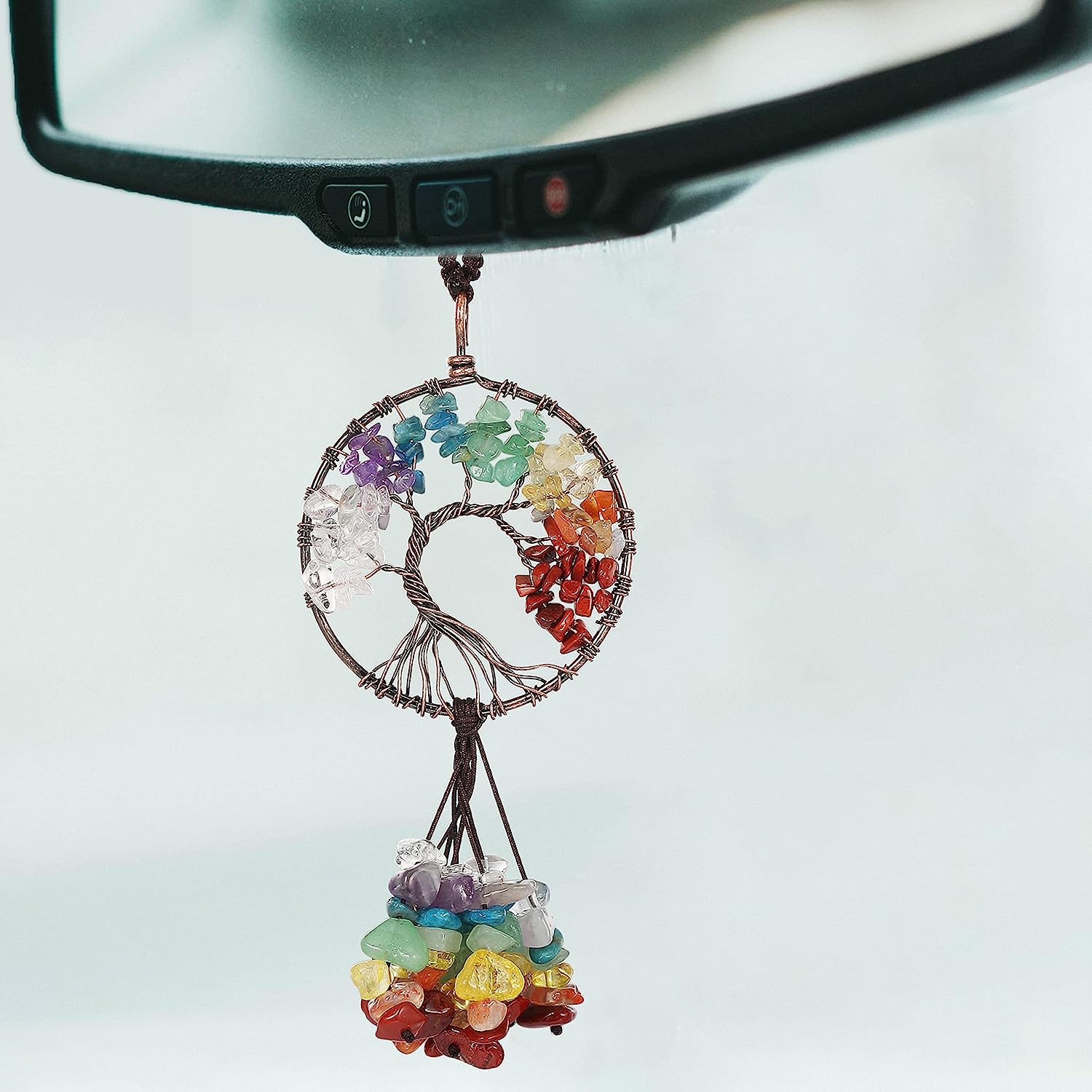 CSJA Natural Crystal Stone Tree of Life Keychain Pendant 7 Chakra Hanging Copper Wire Wrap Round Love Heart Key Ring Holder G790