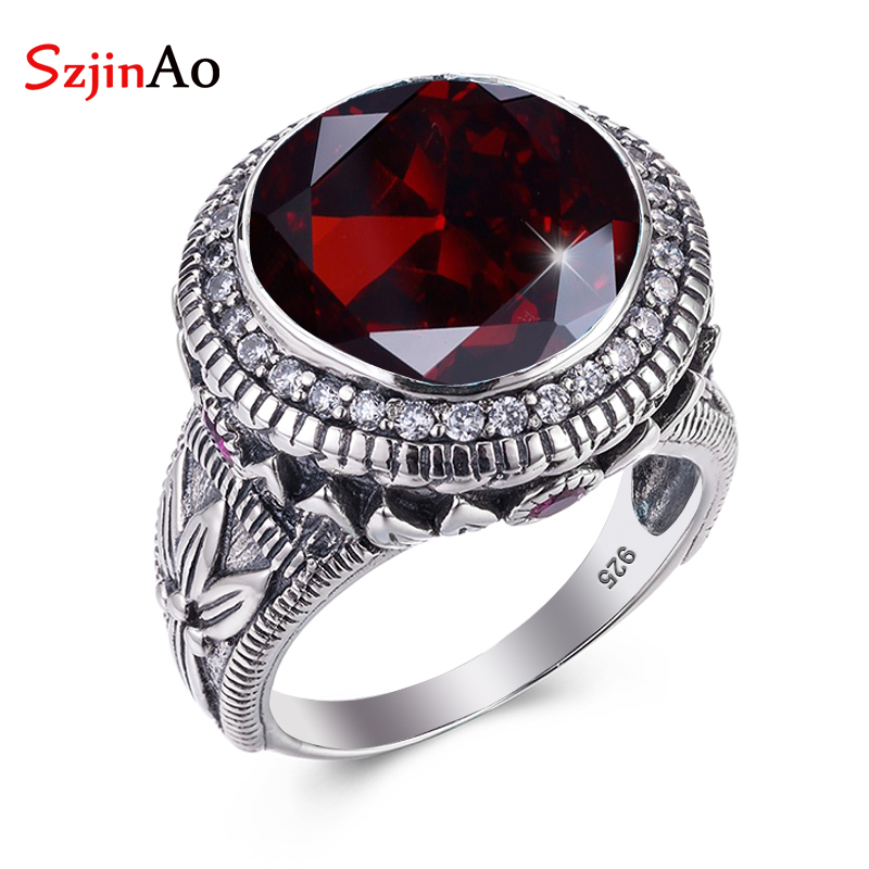 Szjinao Top Quality 15*15mm Massive Round Garnet Rings For Man Birthday Anniversary Party Gift Luxury Trend Silver 925 Jewelry