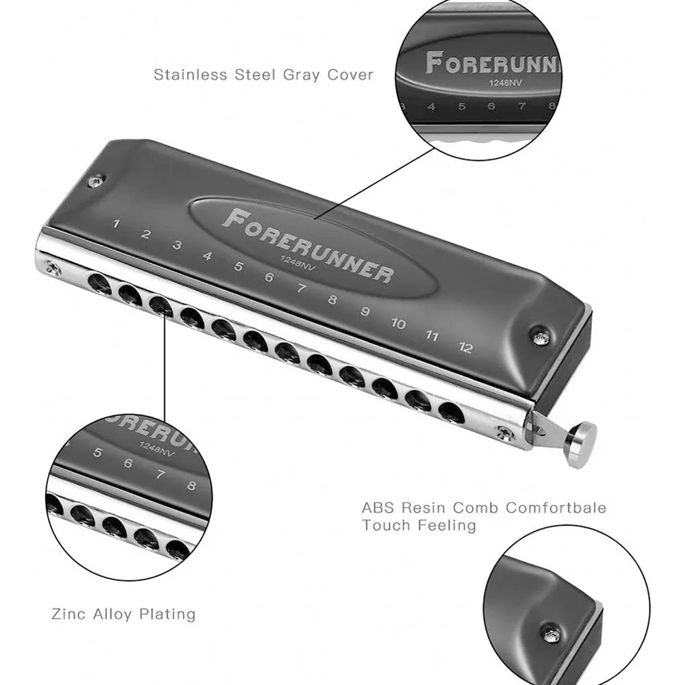 Easttop Chromatic Harmonica 12 Holes 48Tone Harp Mouth Organ Key C ABS Comb Silver Professional Musical Instruments