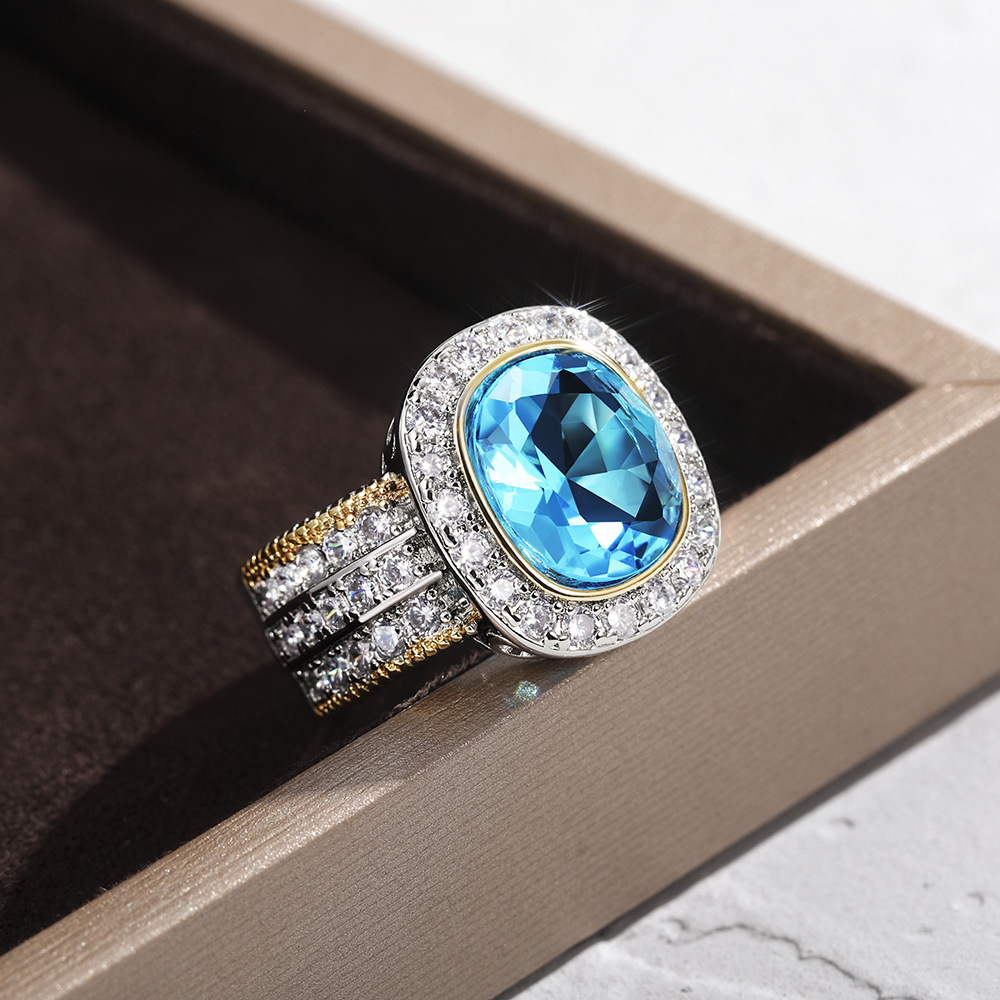 Gorgeous Stunning Wedding Rings Luxury Jewelry Elegant Sterling Silver Gold Fill Large Aquamarine CZ Diamond Party Eternity Women Bridal Ring Gift