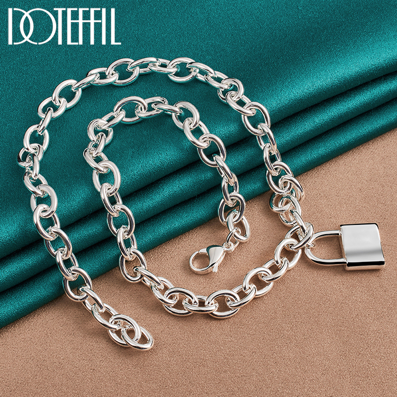 DOTEFFIL 925 Sterling Silver Square Lock Pendant Necklaces 18 Inches Chain For Women Lovers Wedding Party Jewelry