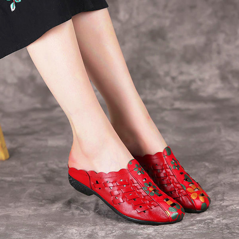 FHC Mum's Soft Leather Slippers,Women Summer Shoes Mules,Close Toe Slides,Low Heels,Comfortable for Wearing,Black,Red,Dropship