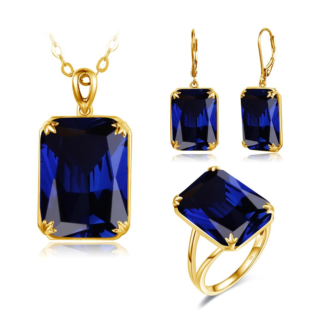 Szjinao 14K Gold Jewelry Set For Women Sparkling Blue Sapphire Pendant Earrings Ring Set Real 925 sterling silver Fine Jewellery