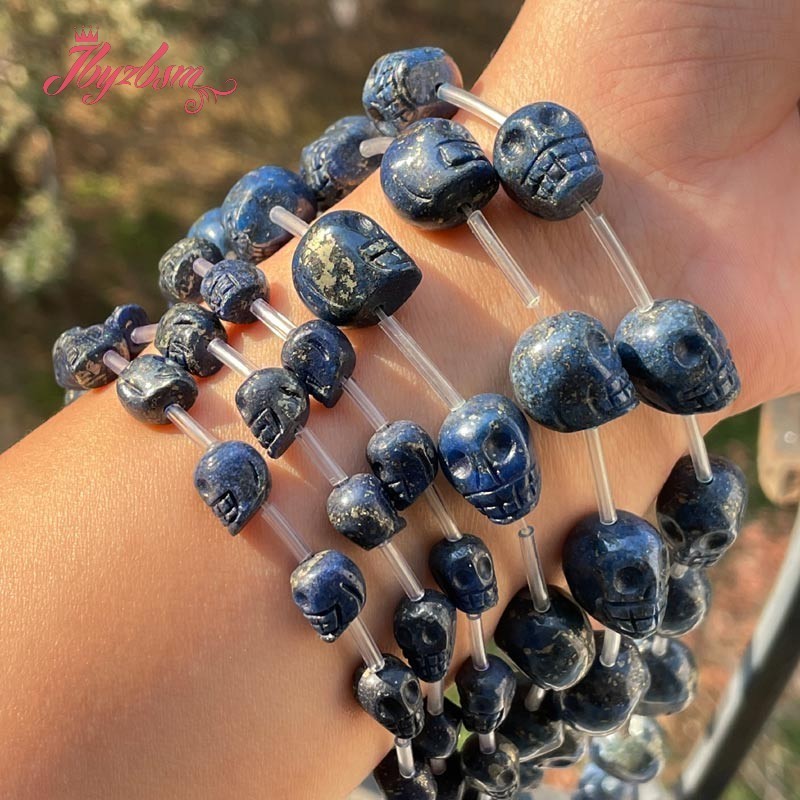 Skull Blue Lazuli Lapis Beads Natural Stone Spacer Loose Beads for Women Men DIY Necklace Bracelet Rings Jewelry Making 15"