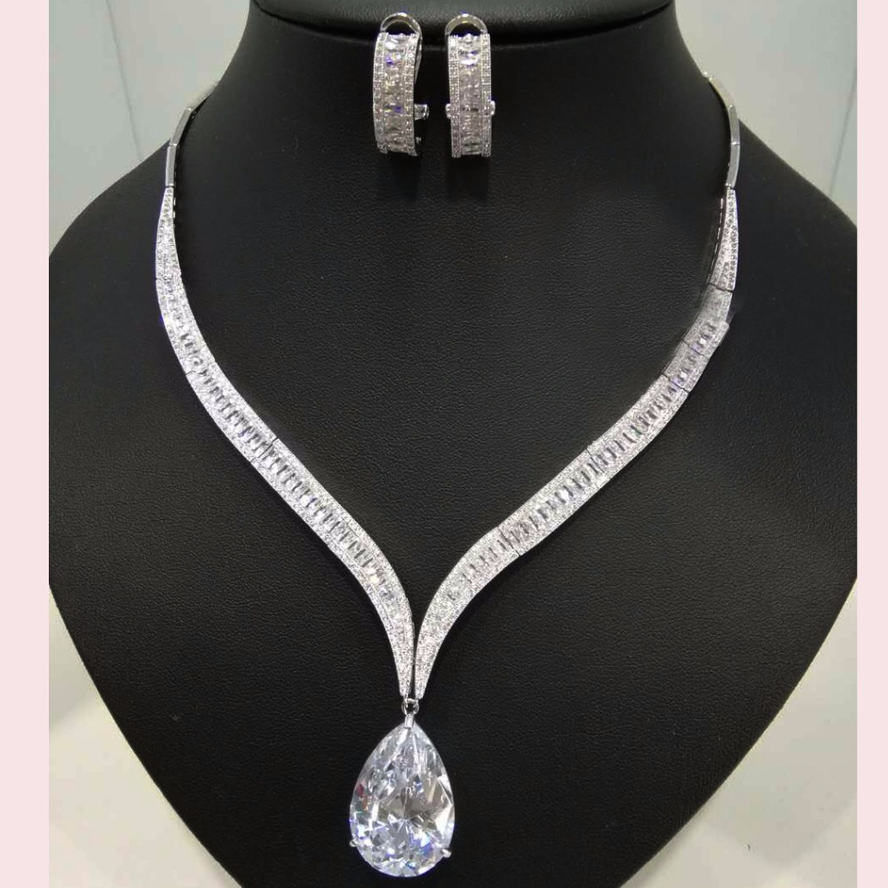 LUXURY AAA cubic zirconia trapezoidal shaped big stud earrings and necklaces ,white colour high quality,women's jewelry sets