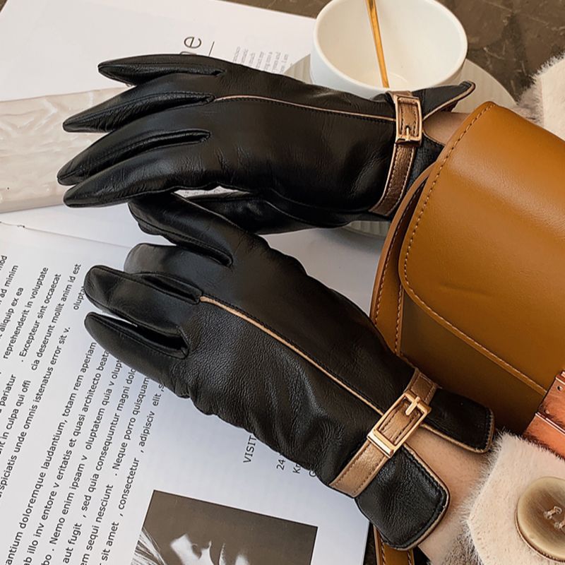 Women's Goatskin Gloves, Winter Thick Lining Leather, Black, Gold, Sheepskin Driving Gloves, Luxury Brand, S2528