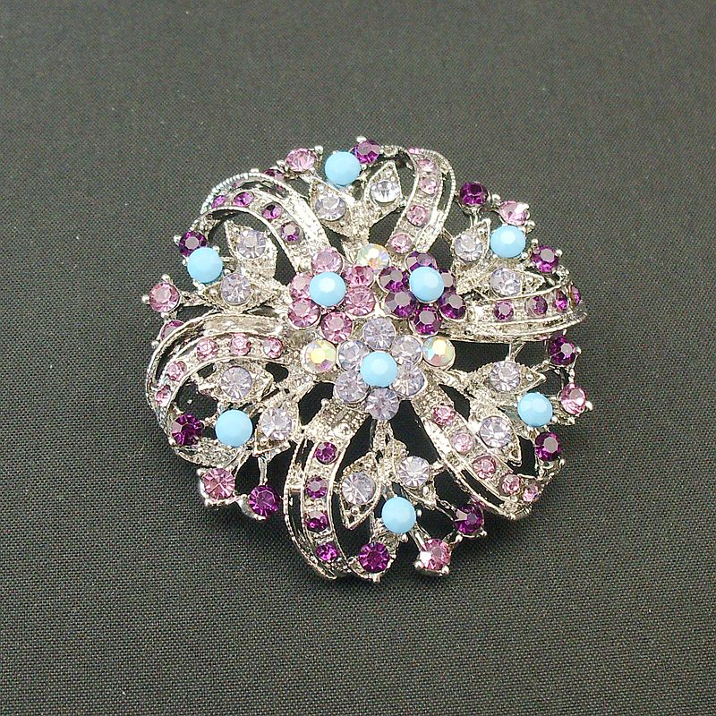 New Round Vintage Rhodium Plated Coloured Purple Rhinestone Crystal Wedding Elegant Flower Bouquet Pin Brooch, Item No.: BH7515