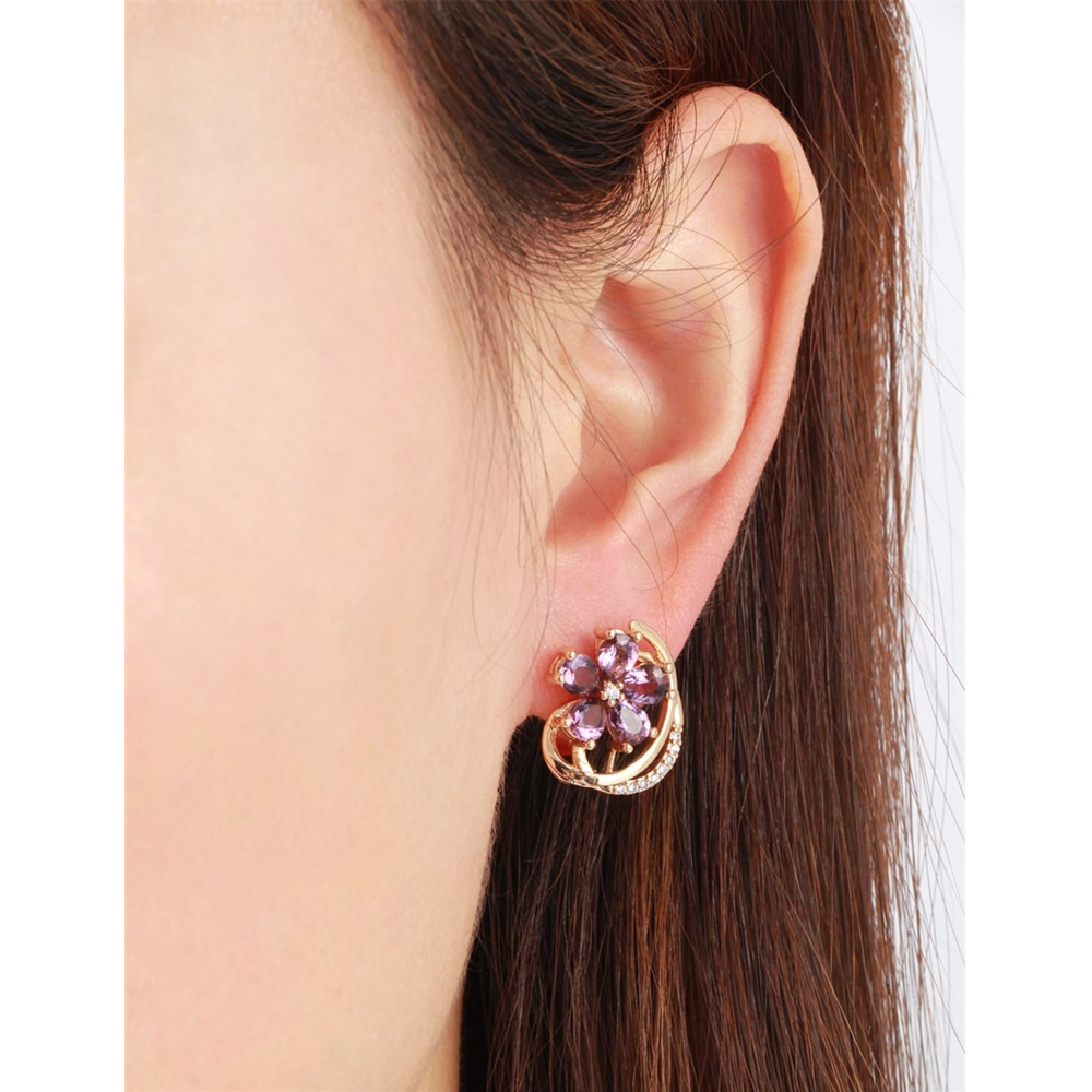 Five Petal Purple Flower Yellow Gold Color Huggies Hoop Earrings for Women Jewelry bijoux Aros pendientes oorbellen orecchini