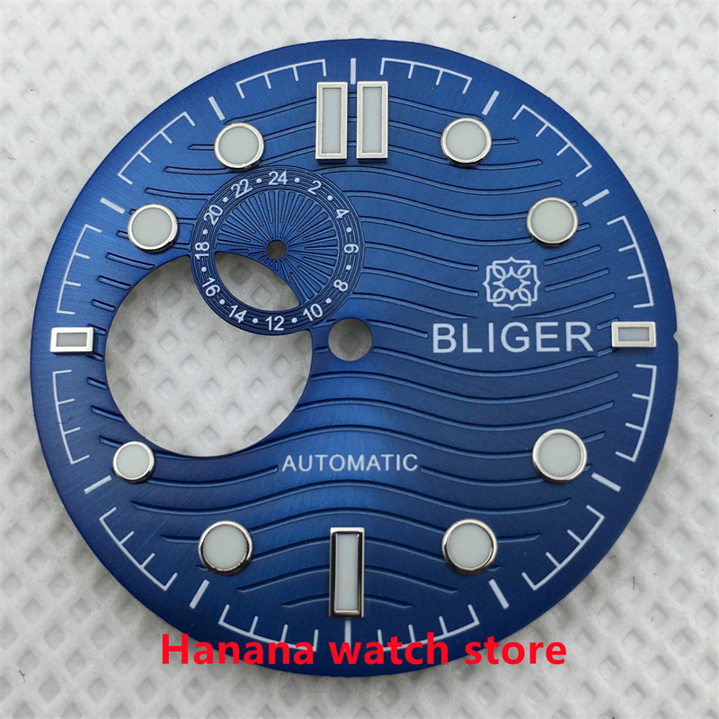 BLIGER 30.8mm blue black white water ripple luminous green hollow dial suitable for NH39 movement watch accessories