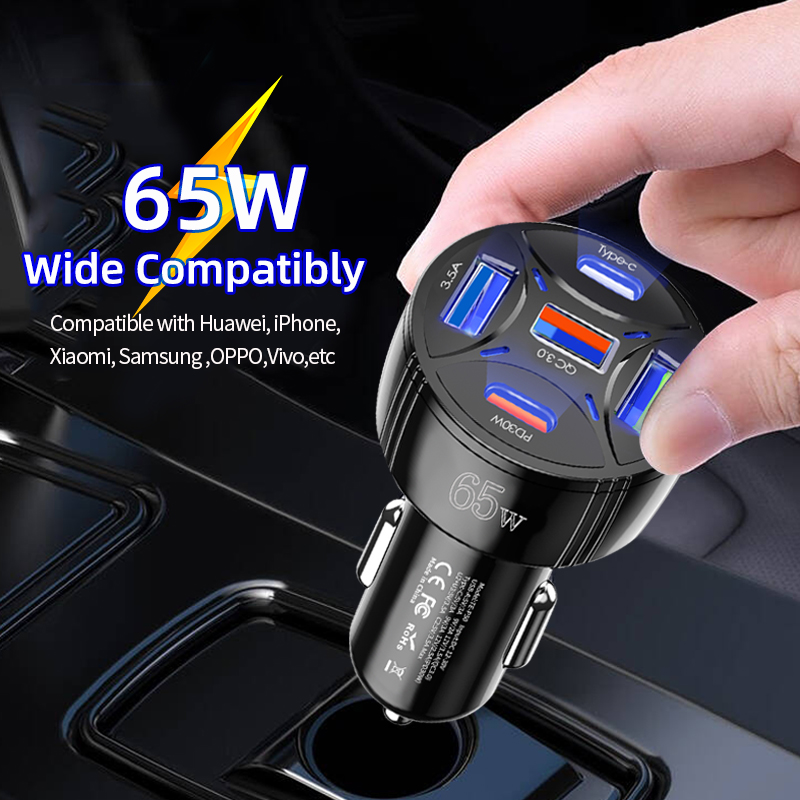 5 Ports 65W USB Car Charger Type C Car Lighter Charger PD QC3.0 Car Fast Charger Adapter 30W