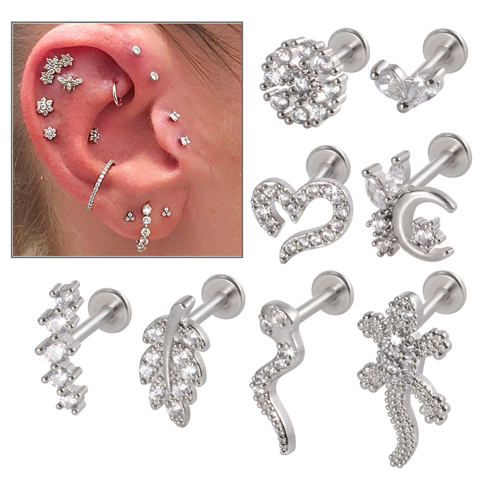 1Pc Leaf Heart Lip Labret Stud Piercing Flat CZ Gem Flower Ear Tragus Cartilage Helix Stud Conch Lobe Earring Body Jewelry