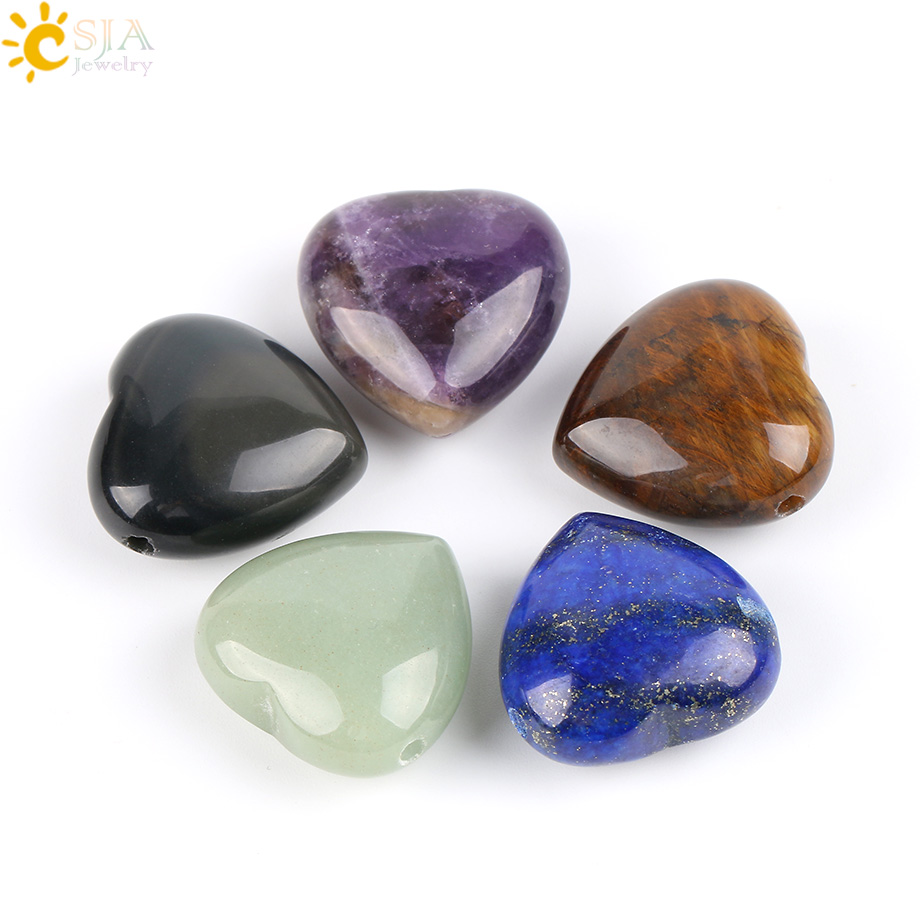 CSJA Natural Gem Stone Love Heart Pendants Lapis Lazuli Tiger Eye Clear Crystal Pink Quartz Opal Reiki Chakra DIY Jewellery E570