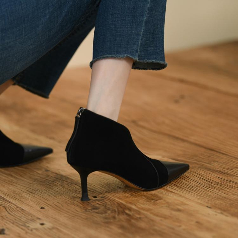 2024 Spring/Autumn Pointed Toe High Heel Shoes Sheep Suede Ankle For Women Solid Elegant Modern Boots 68