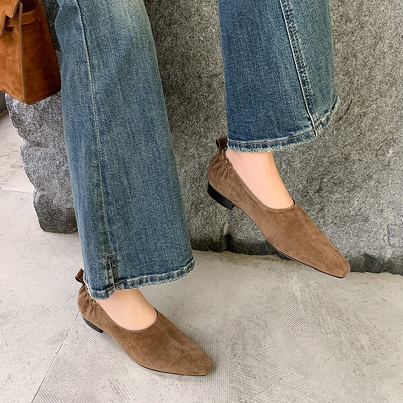 NEW Spring/Autumn Loafers Sheep Suede Leather For Square Toe Chunky Heel Soft Shoes Black Shallow Women Pumps