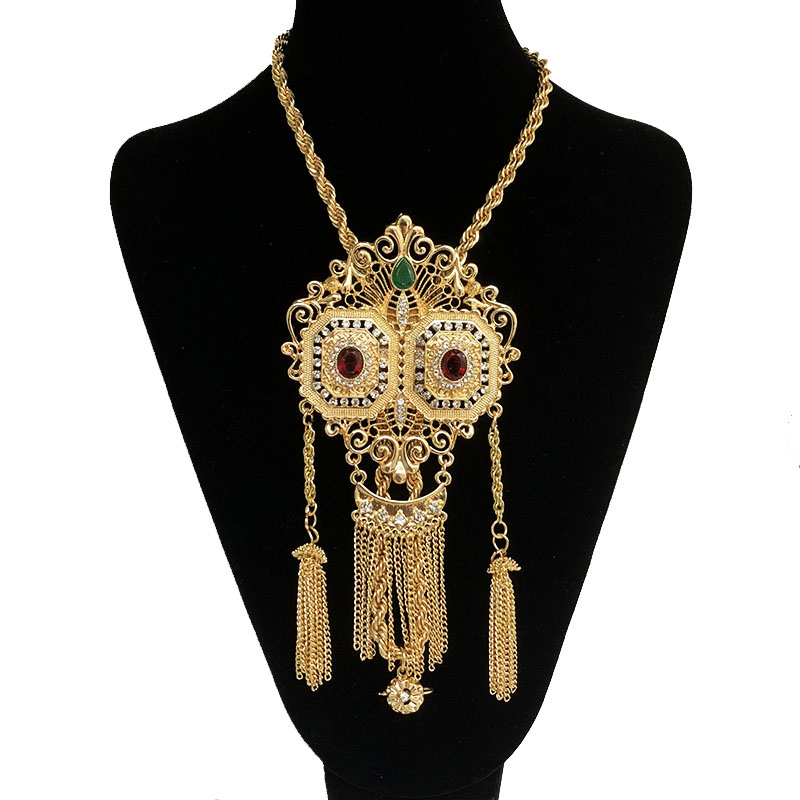 Ethnic Wedding Jewelry Chain with Rhinestone Gold Color Tassels Chain Necklace Algeria Morocco Traditional Bridal Pendants