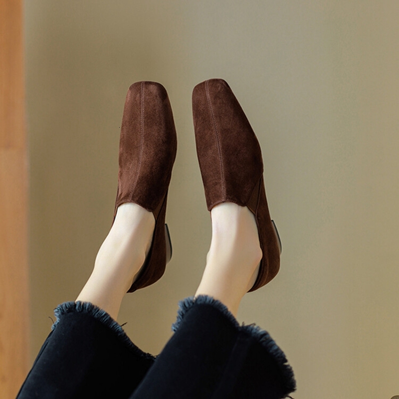 NEW Spring/Autumn Loafers Sheep Suede Leather For Square Toe Chunky Heel Soft Shoes Black Elegant Women Pumps
