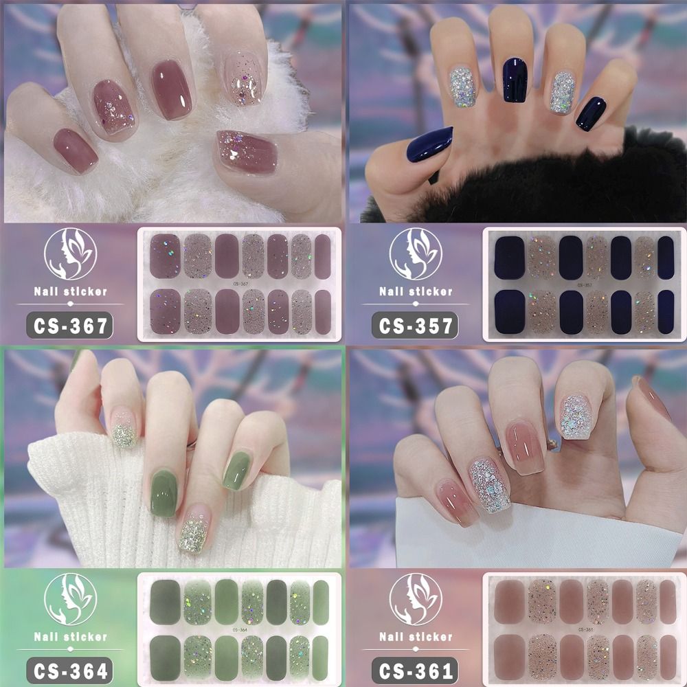 14Tips Semi Cured Gel Nail Stickers Glittering Self-Adhesive Nail Art Stickers Simple Foil Gel Nail Polish Strips