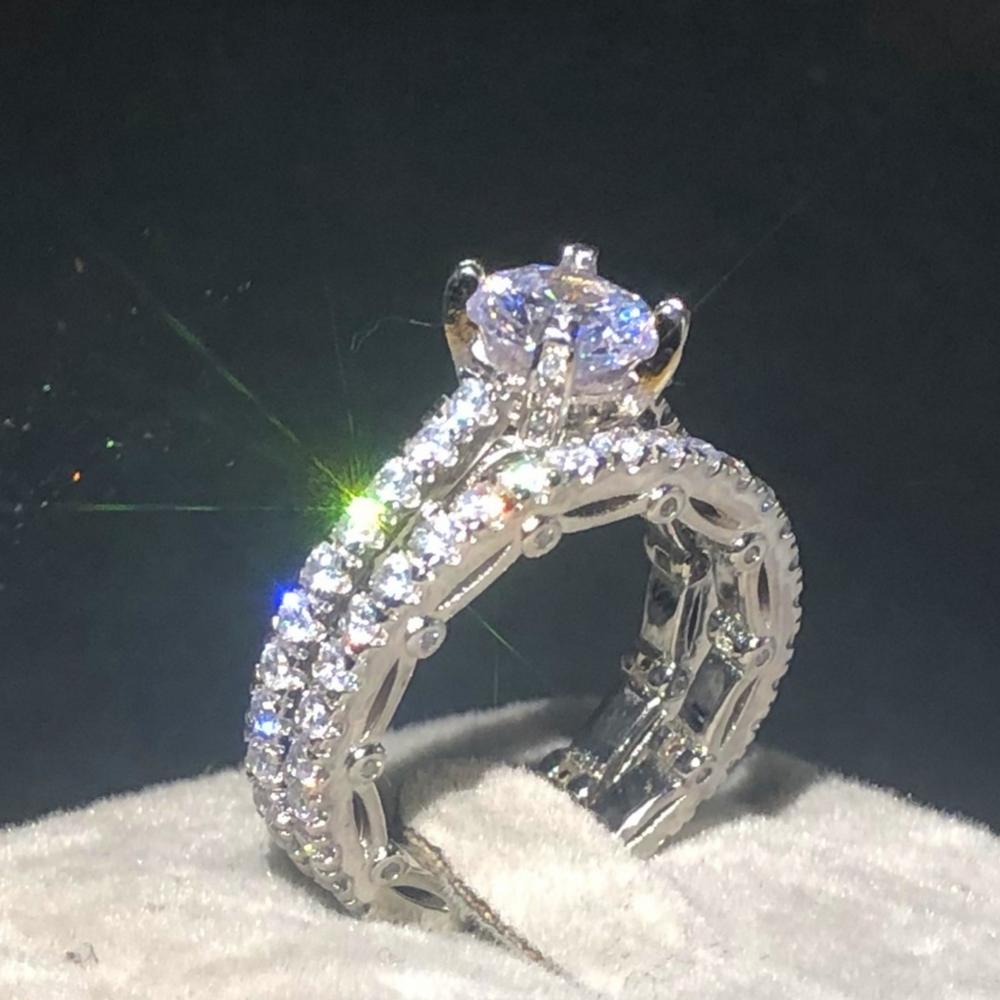 925 Sterling silver rings for Women Luxury Round 2ct SONA Diamond Engagement Wedding jewelry Simulated Platinum ring set 2-in-1