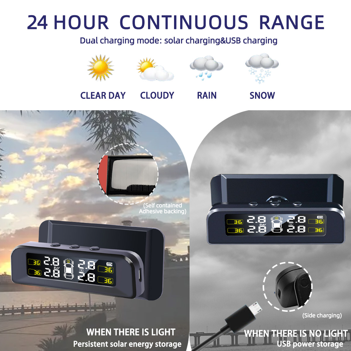 TPMS Tire Pressure Monitoring System Solar Internal External Sensors Real-time Display Temperature Pressure for Car SUV MPV