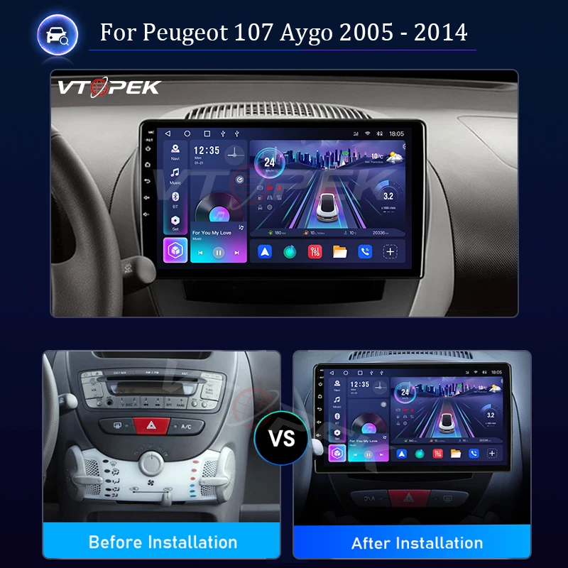 Vtopek 2 Din Android 12 Car Radio For Peugeot 107 Toyota Aygo Citroen C1 2005 - 2014 Multimedia Player Carplay Auto Stereo DVD