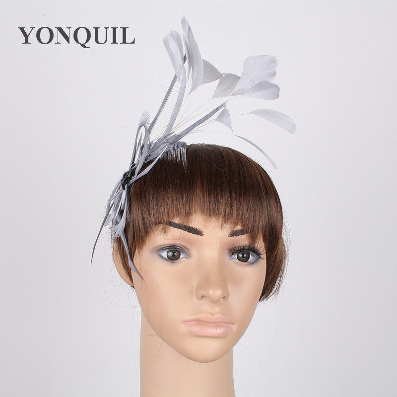Multiple Colors Feather Party Fascinator Hats With Hair Combs Elegant Women Wedding Races Hair Accessories Grey Headwear SYF225