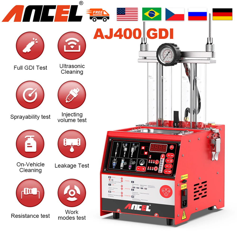 Ancel AJ400 GDI 4-Cylinders Fuel Injector Cleaner EFI FEI Cleaner Test Ultrasonic Cleaning Gasoline Auto Tool for Car 110v /220v