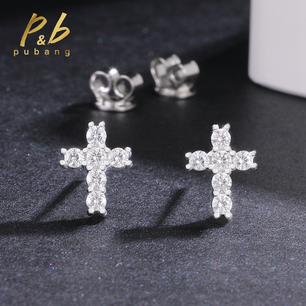 PuBang Fine Jewelry 925 Sterling Silver VVS1 GRA Moissanite Diamond Cross Stud Earrings for Women Men Anniversary Gift Wholesale