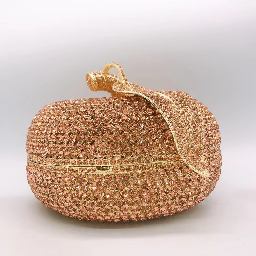 Pumpkin Women Orange/Champagne Crystal Clutches Stones Evening Bag Party Dinner Rhinestone Handbags Bridal Wedding Clutch Purse