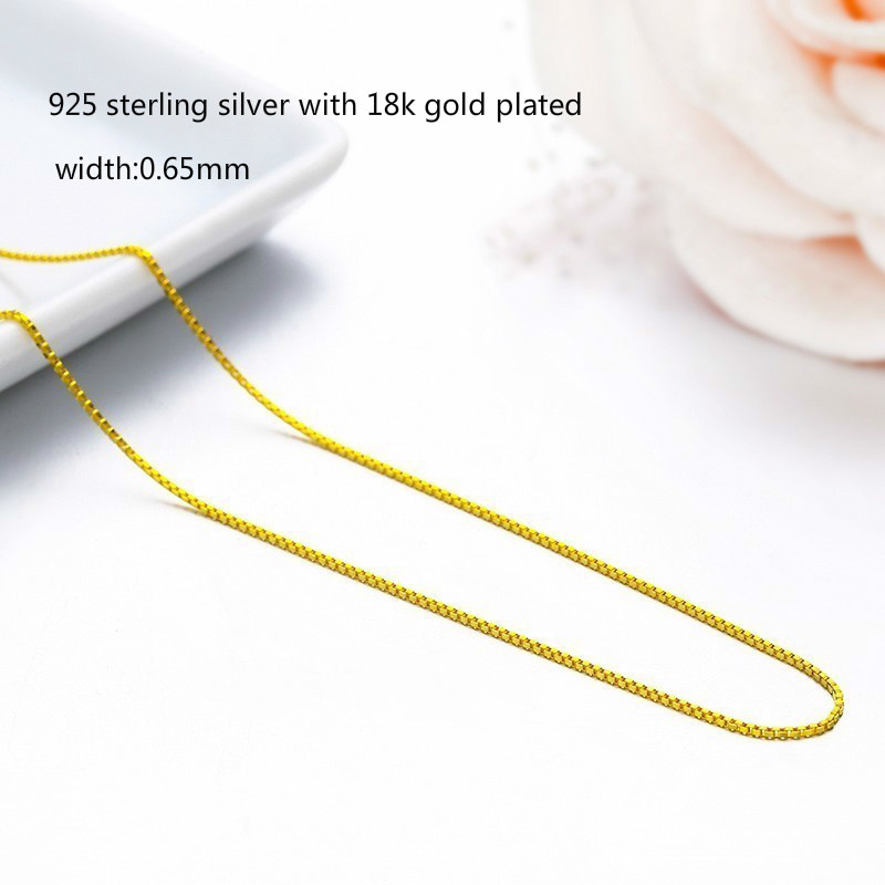 14"-32" 0.65mm Slim Real 925 Sterling Silver W/ Gold Color Thin Box Chain Necklace Womens Kids Girls Mens Jewelry Kolye Collares
