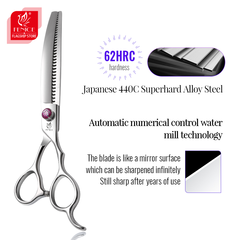 Fenice 7.5 inch Pet Grooming Reverse Shark Scissors Curved Chunker Shears Japan 440C Bearing Screw Dog Scissors Thinner70-75%