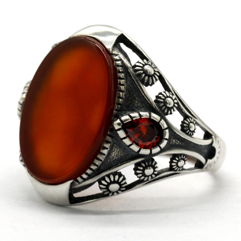 Natural Agate Stone Ring for Men 925 Sterling Silver With Red CZ Thai Silver Unique Design Ring for Male Women Turkish Jewelry