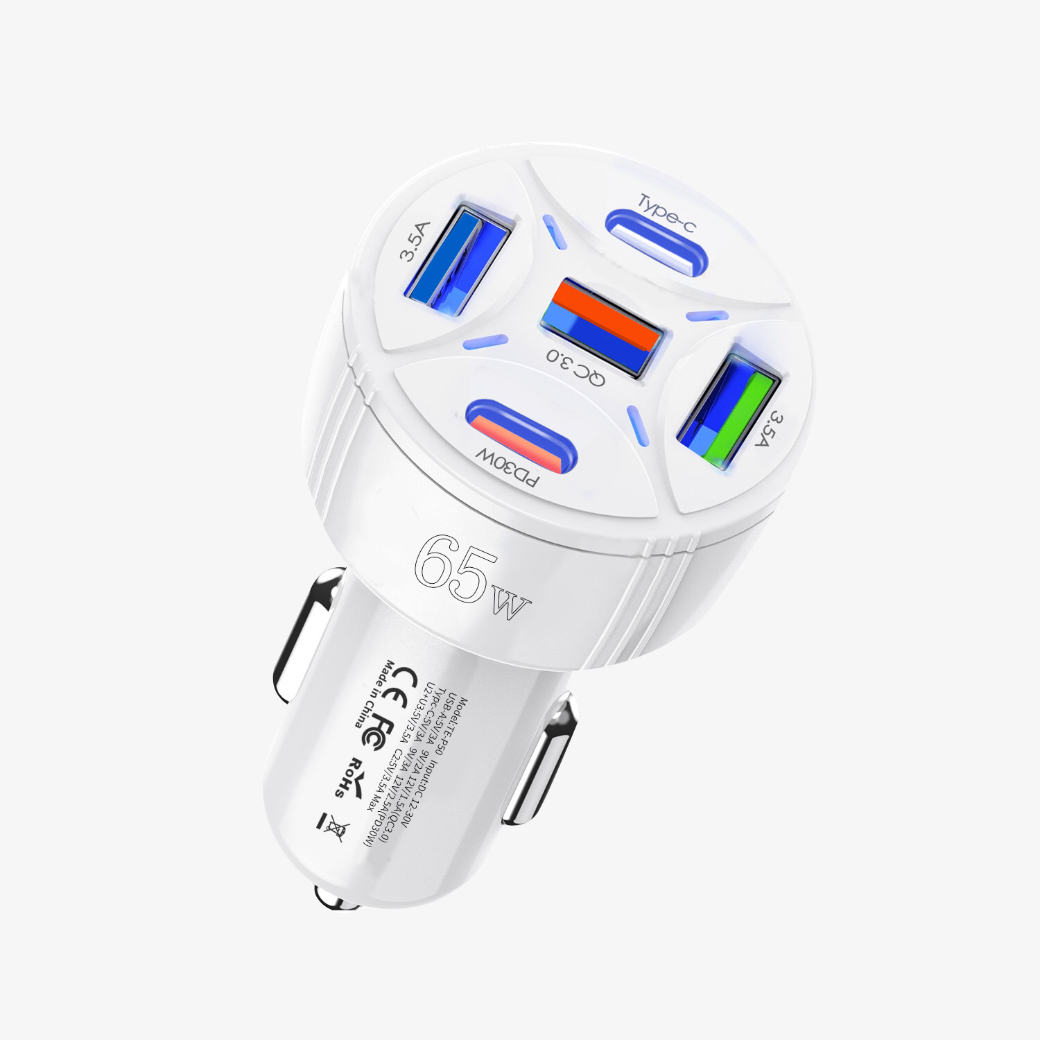 5 Ports 65W USB Car Charger Type C Car Lighter Charger PD QC3.0 Car Fast Charger Adapter 30W
