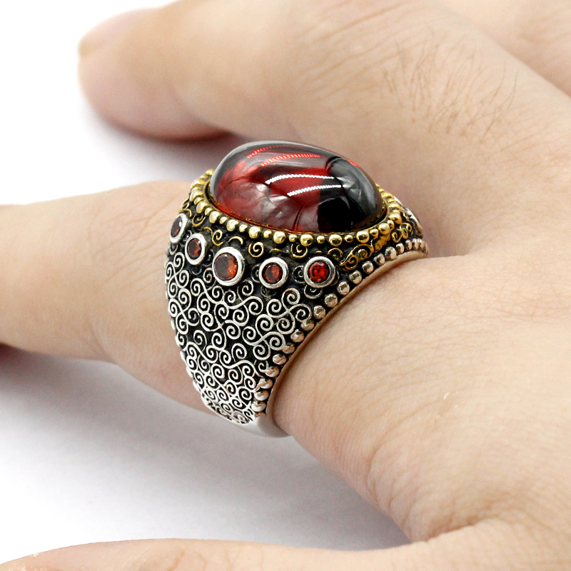 Natural Stone Ring for Men 925 Sterling Silver Big Agate/Chalcedony/Garnet/Lapis Gemstone Male Rings Vintage Turkish Jewelry