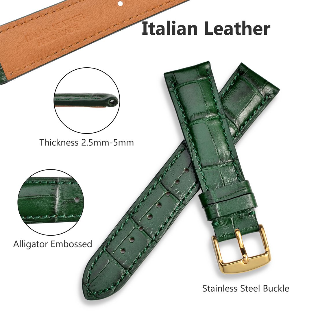 WOCCI Leather Watch Band 18mm 19mm 20mm 21mm 22mm Alligator Embossed Watch Strap for Men Women Gold Buckle