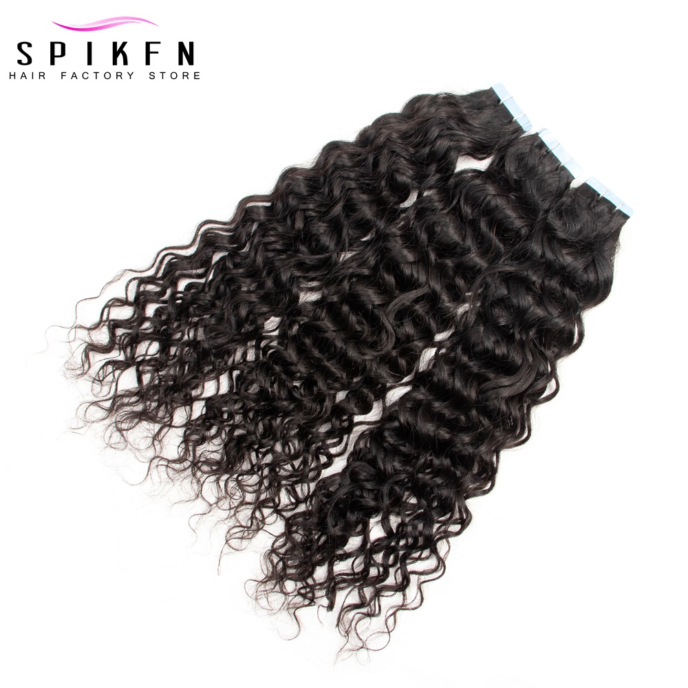 SPIKFN Tape Human Hair Extensions Water Wave 12-24 inches PU Skin Weft Tape in Water Curly Tape in Hair Extensions 20pcs