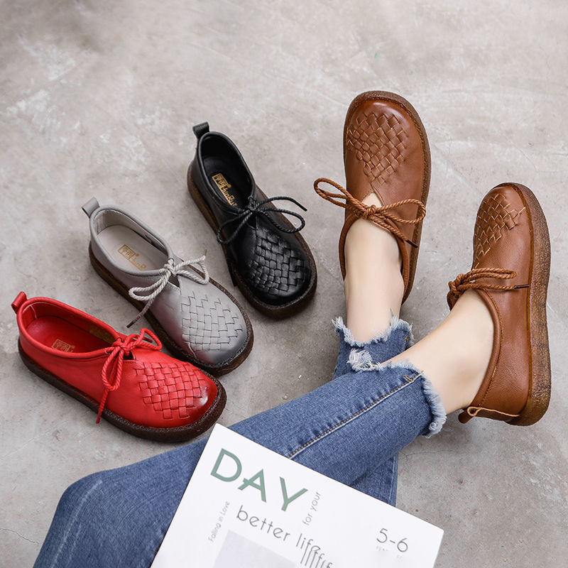 Luxury Genuine Leather Lace Up Flats Women Black Woven Braided Loafers Designer Women's Moccasins Braid Shoes Ladies Fancy Flats