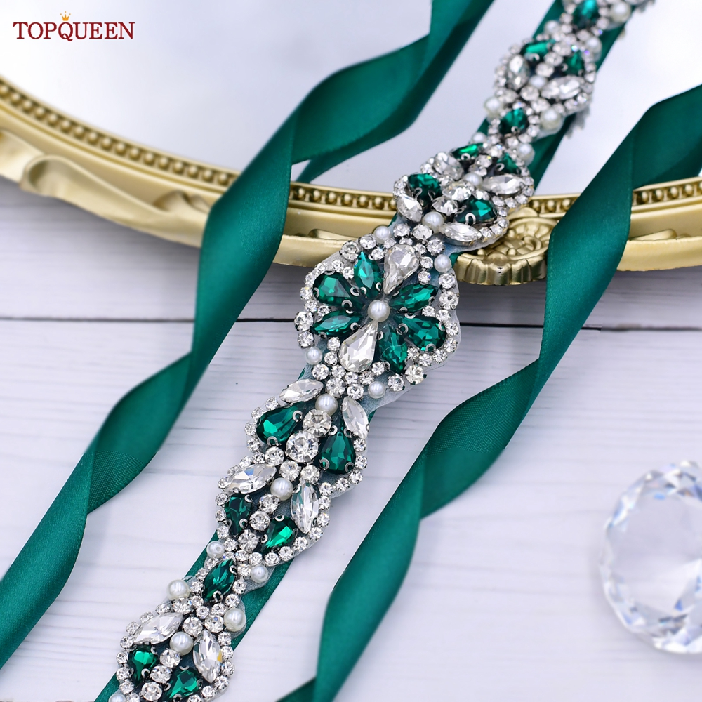 TOPQUEEN S39 Luxury Green Diamond Bridal Belt Emerald Rhinestone Wedding Dresses Accessories Women Bridesmaid Evening Girdles
