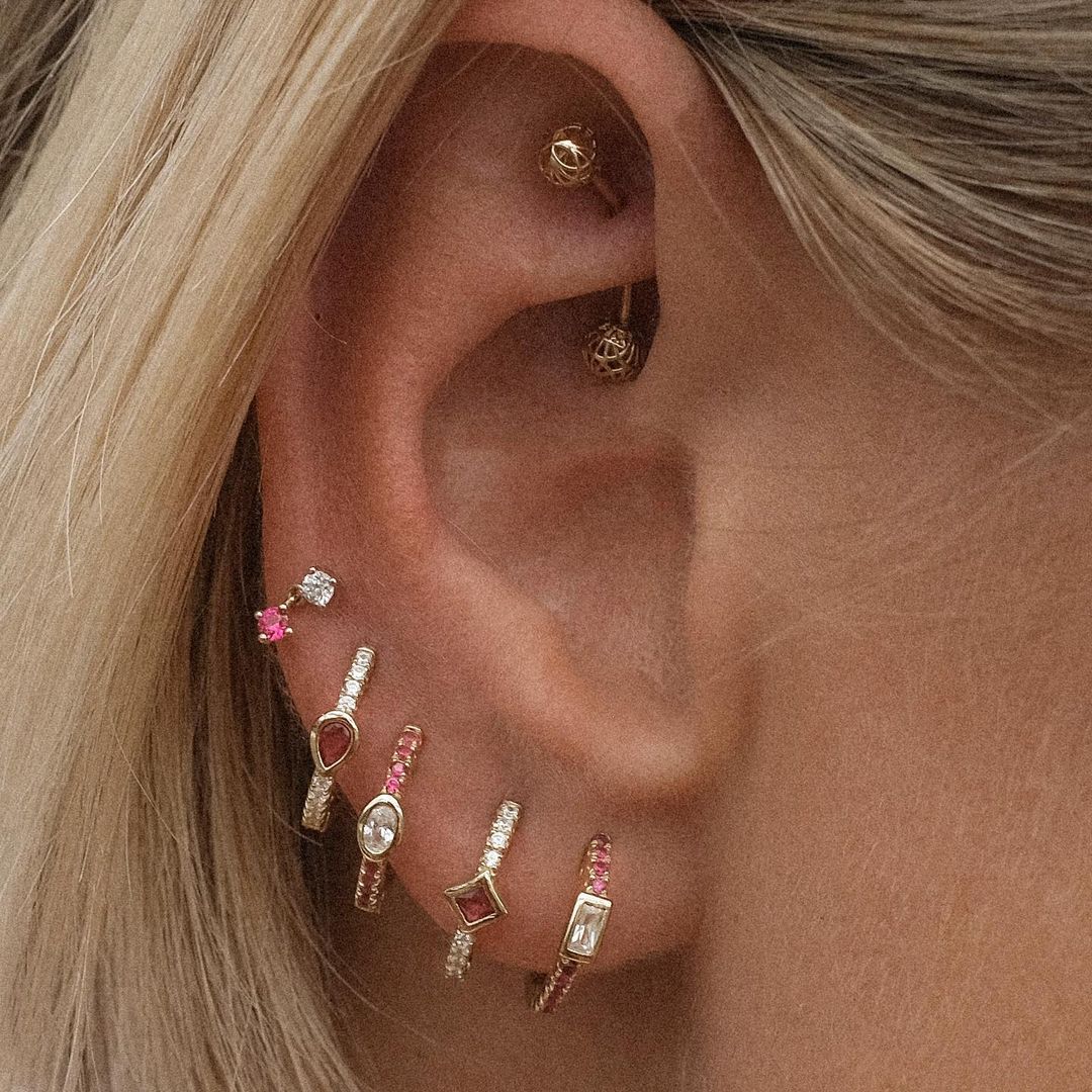 Set Of 4 Pieces Red Blue Green Cubic Zirconia Paved Gold Color Mini Small Multi Piercing CZ Hoop Earring
