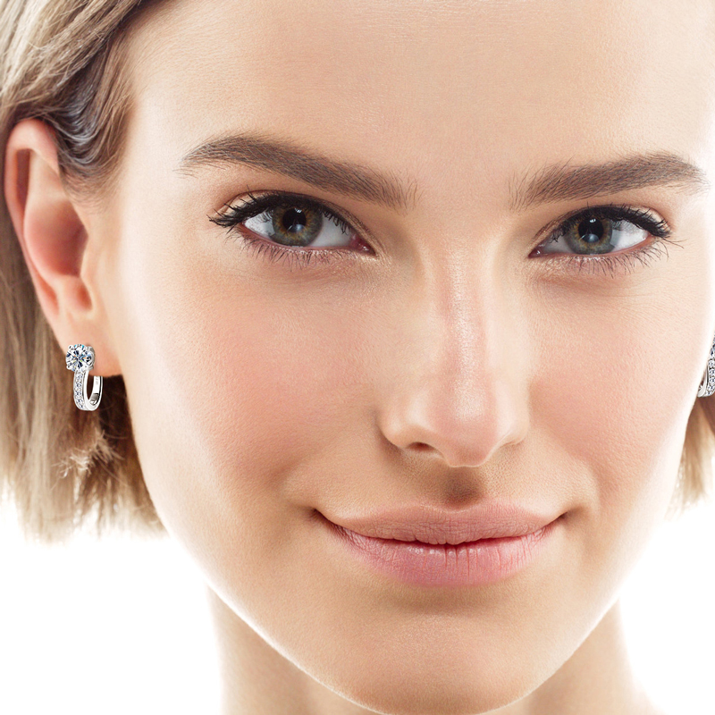 Lnngy 925 Sterling Silver Classic U Shape Hoop Earrings Sparkling Round 6.5mm Moissanite Earring For Women Anti-allergy Jewelry