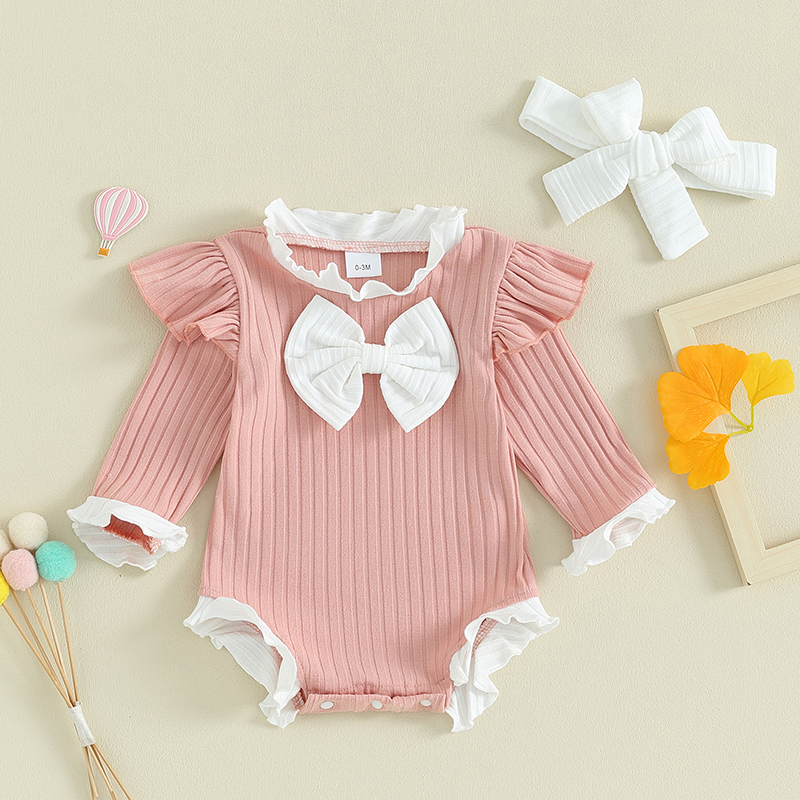Sweety Baby Girls 2 Piece Outfits Ruffles Bows Long Sleeve Romper Cute Headband Set Toddler Infant Lace Bodysuits