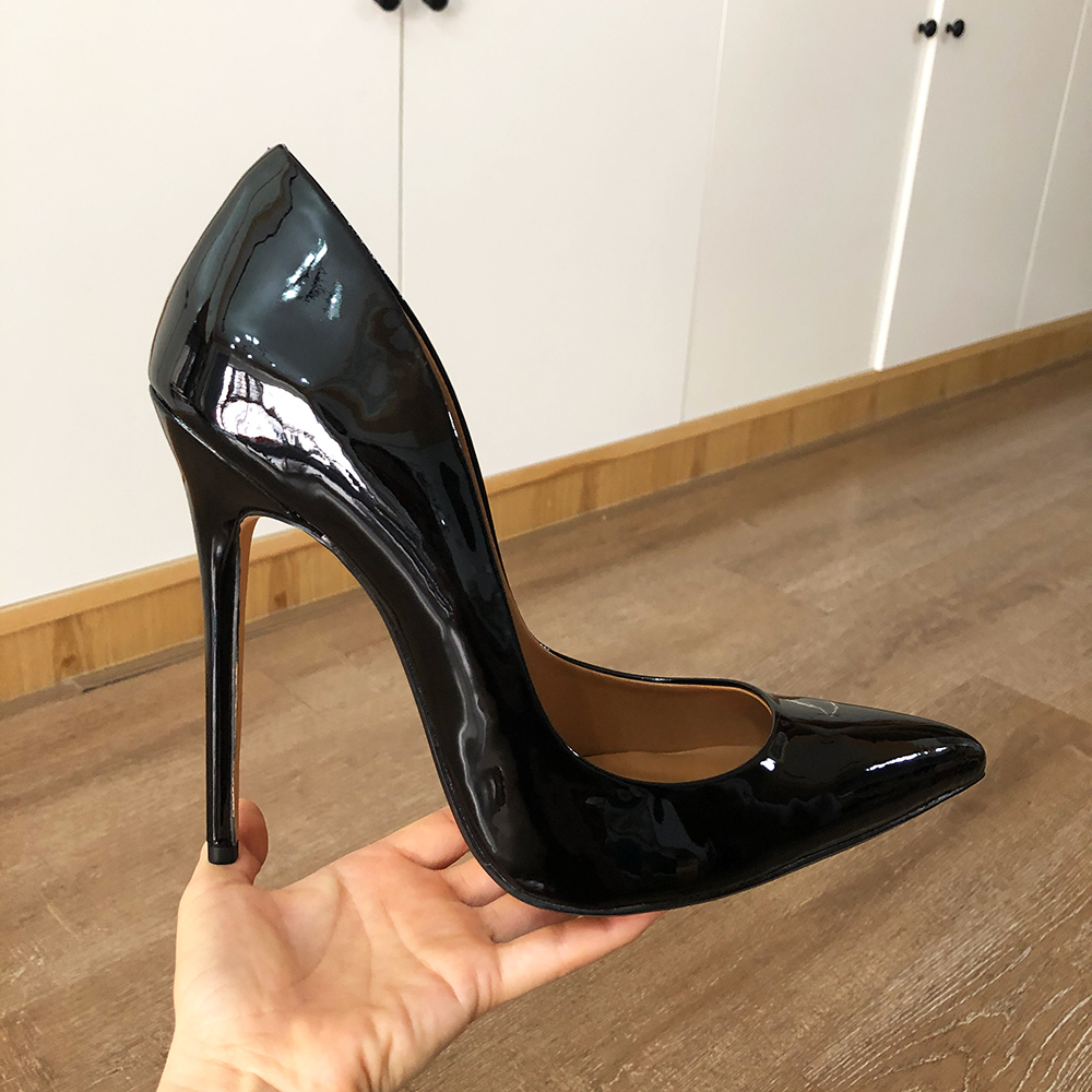 Veowalk 14cm Extremely High Heel Women Black Patent Pointy Toe Stiletto Pumps Sexy Crossdresser Shoes Ultra Large Size 41 47 48