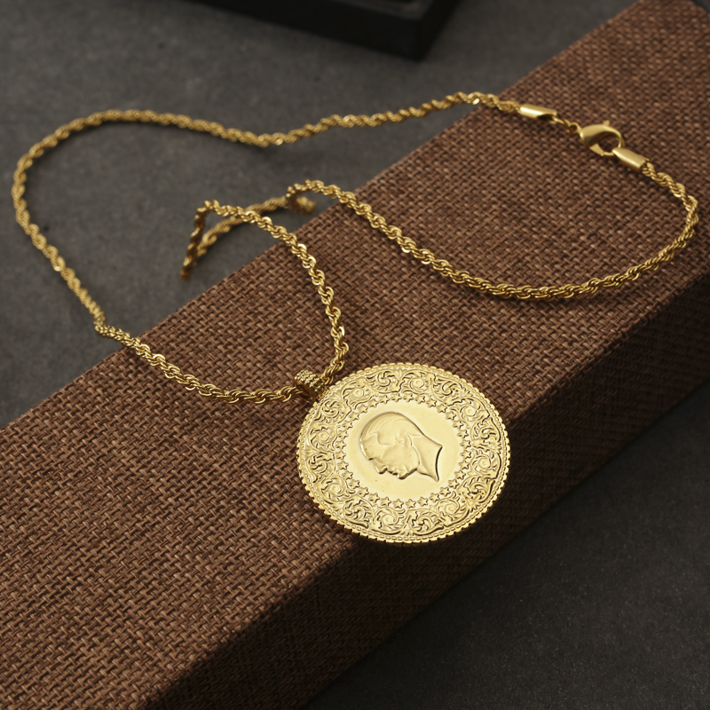 Ottoman Turkish Totem Gold Plated Pendant with Slid Chain Islam Coin Jewelry Spiritual Gifts for Women Ethinc Pendant Chains