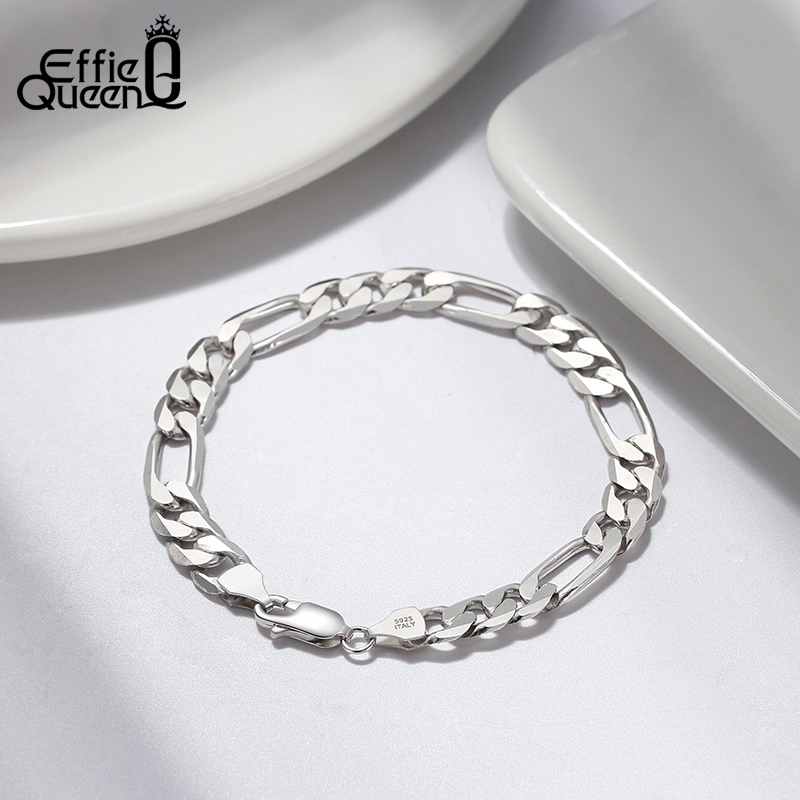 Effie Queen Solid 925 Sterling Silver Italian 6.5mm Diamond-Cut Figaro Link Chain Bracelet for Men Women 6.5" 7" 7.5" 8" SB108